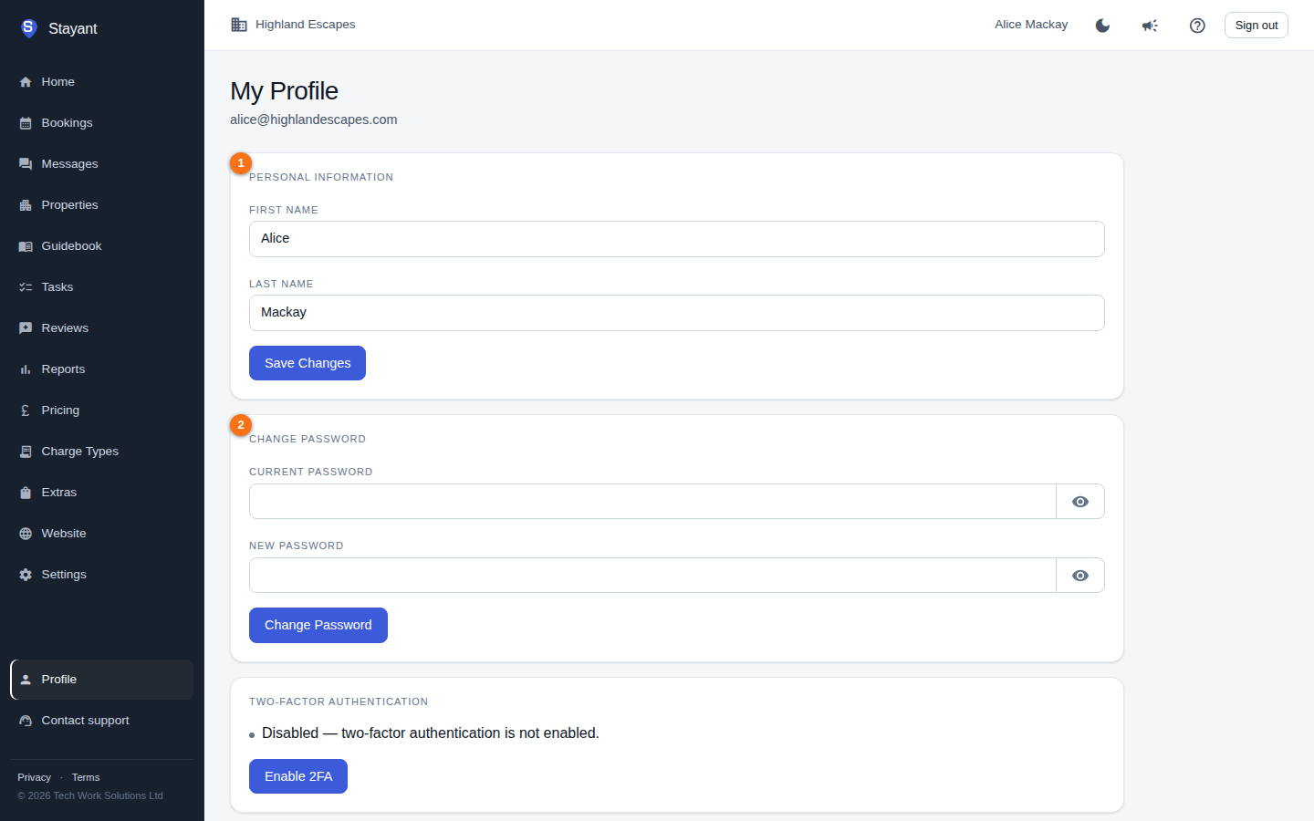 The My Profile page with the Personal information and Change password cards annotated